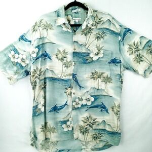 PIERRE CARDIN Shirt Hawaiian Dolphin Print Men's Large Short Sleeve Blue
